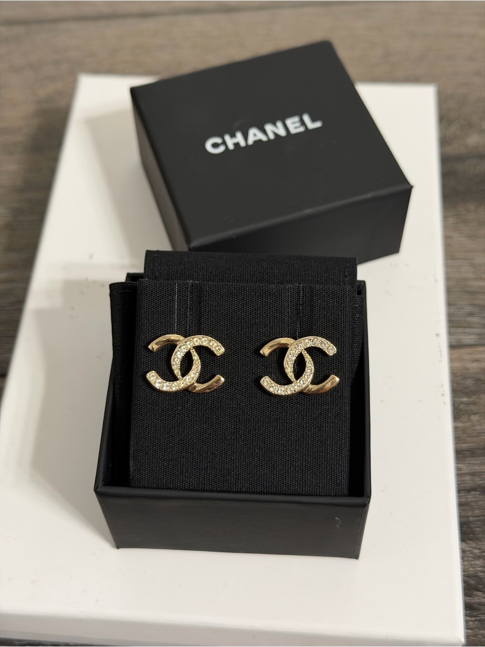 CHANEL Classic Gold CC Logo Crystal Stud Earrings